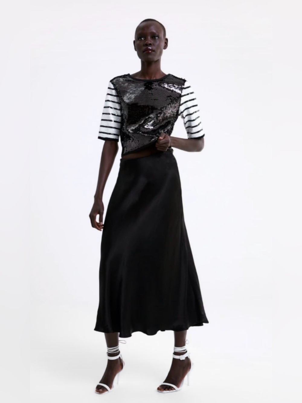Zara Black Sequin Crop Top with White Striped Sleeves Small